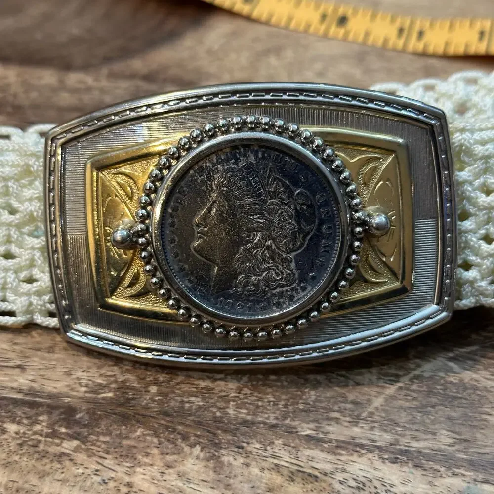 Men's Silver Gold Morgan Silver Dollar Buckle Belt vintage cowboy rare